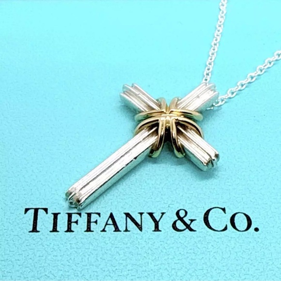 Tiffany & Co. Signature Cross Silver 925 750 18K Gold Pendant Necklace w/box - Picture 1 of 7